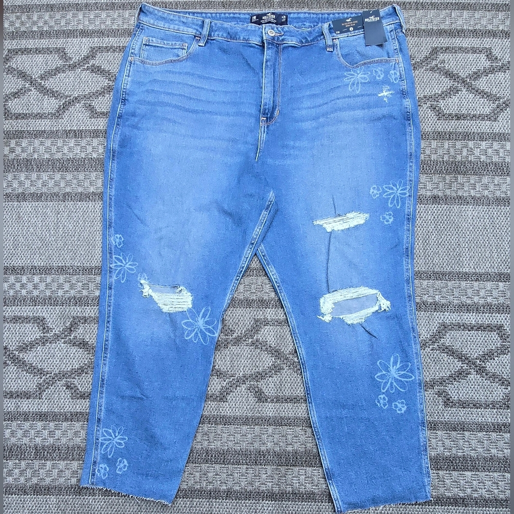 Hollister Blue Distressed Jeans with Floral Design